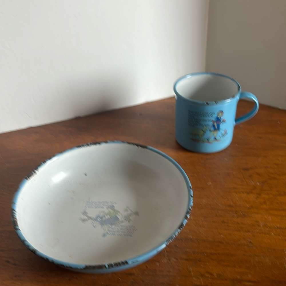 Vintage light blue enamelware made in Sweden child’s plate/cup nursery rhyme set